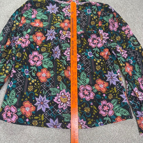 AVARA Black Floral S Print Button Front Blouse Long Sleeve Ruffle Collar Cotton - Picture 7 of 11